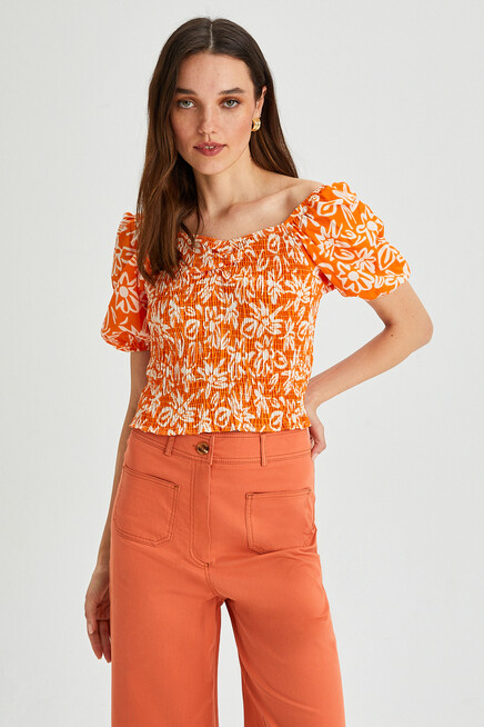 Womens Floral Patterned Gipe Detail Balloon Sleeve Blouse