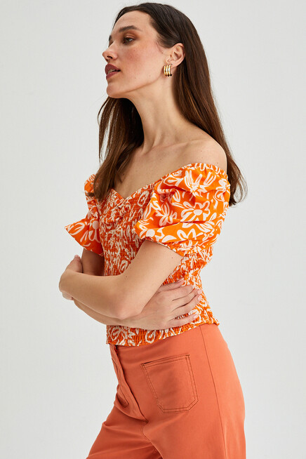 Womens Floral Patterned Gipe Detail Balloon Sleeve Blouse