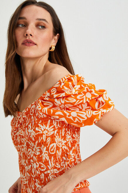 Womens Floral Patterned Gipe Detail Balloon Sleeve Blouse