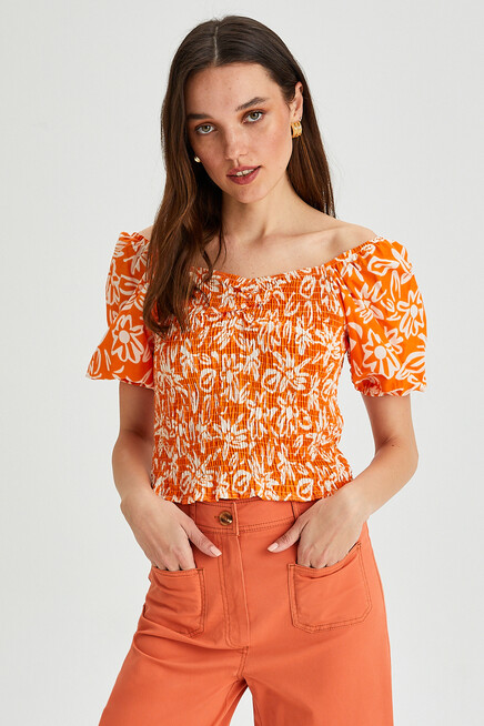 Womens Floral Patterned Gipe Detail Balloon Sleeve Blouse