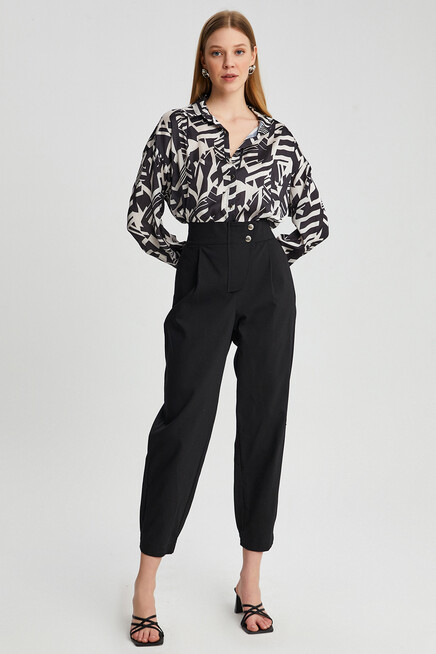 Womens Button Detail Waist Elastic Carrot Trousers