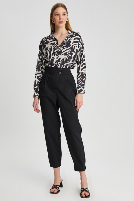 Womens Button Detail Waist Elastic Carrot Trousers