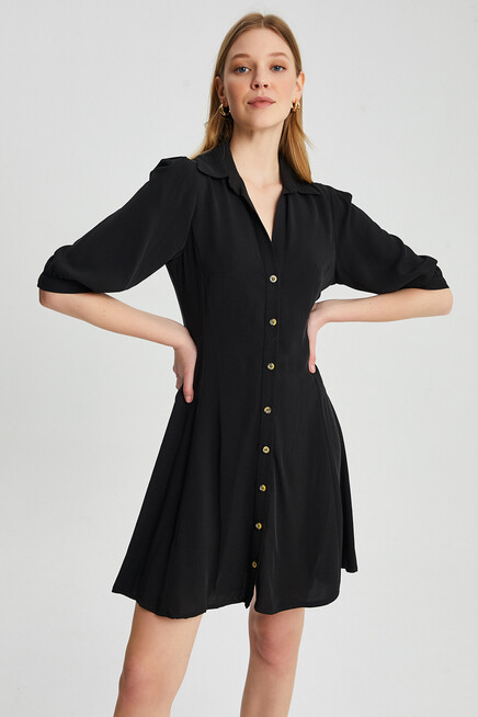 Womens Button Detail Three Quarter Sleeve Mini Dress