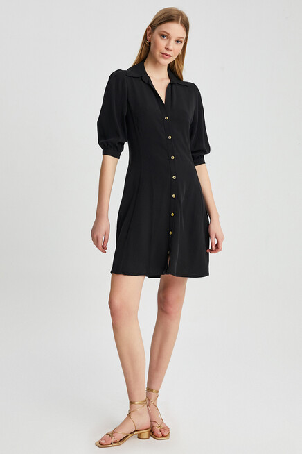 Womens Button Detail Three Quarter Sleeve Mini Dress