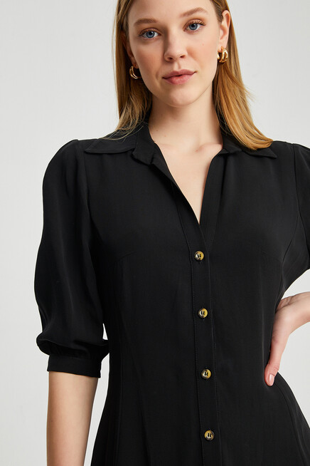 Womens Button Detail Three Quarter Sleeve Mini Dress