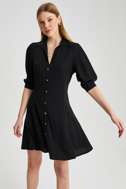Womens Button Detail Three Quarter Sleeve Mini Dress