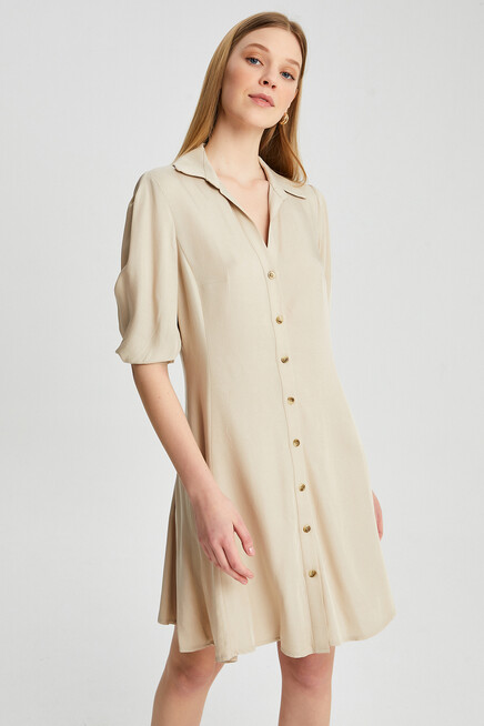 Womens Button Detail Three Quarter Sleeve Mini Dress