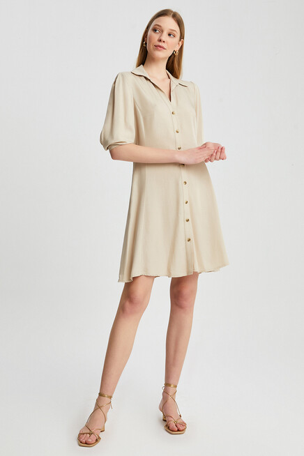 Womens Button Detail Three Quarter Sleeve Mini Dress