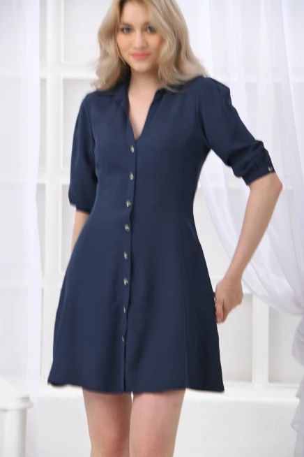Womens Button Detail Three Quarter Sleeve Mini Dress