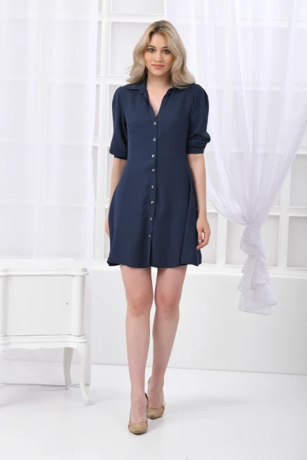 Womens Button Detail Three Quarter Sleeve Mini Dress