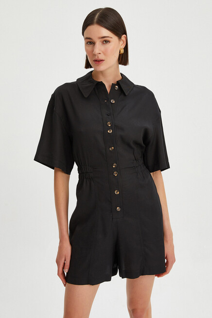 Womens Low Sleeve Waist Elastic Button Detail Tencel Jumpsuit