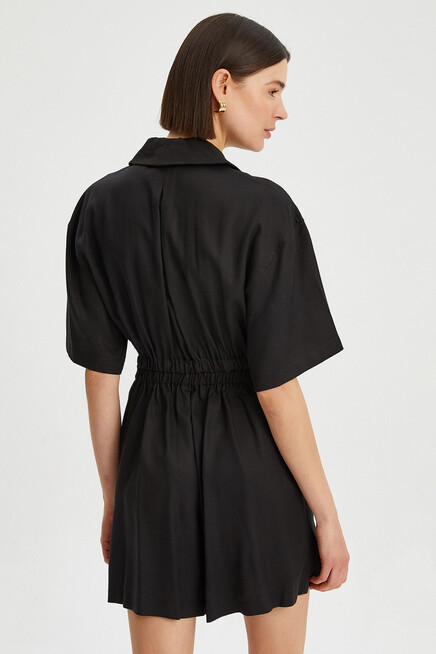 Womens Low Sleeve Waist Elastic Button Detail Tencel Jumpsuit