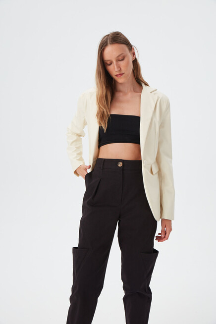 Kadın Ekru Deri Slim Blazer Ceket