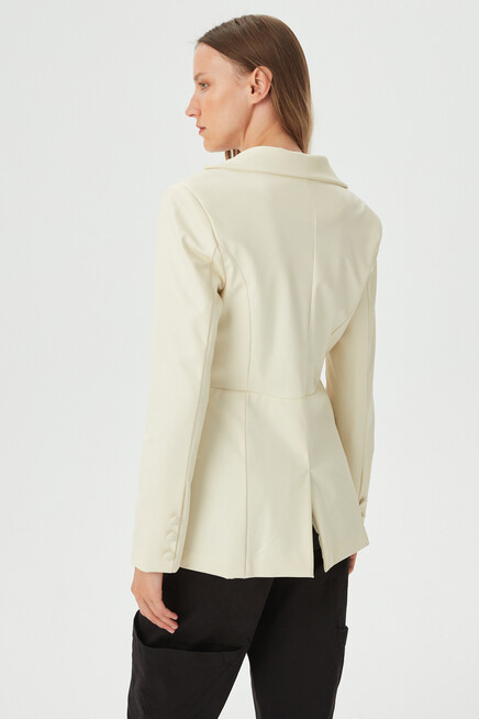 Kadın Ekru Deri Slim Blazer Ceket