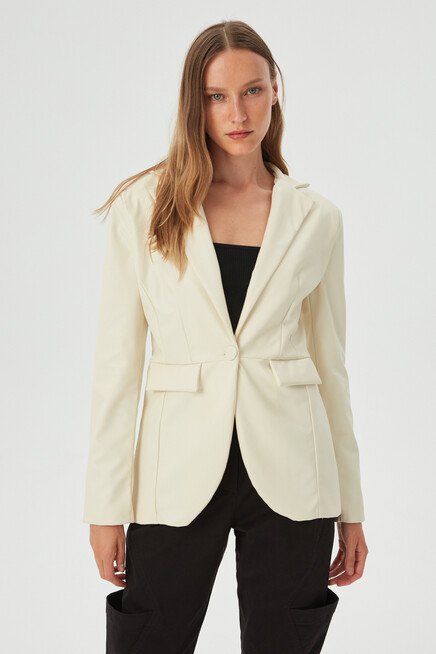 Kadın Ekru Deri Slim Blazer Ceket