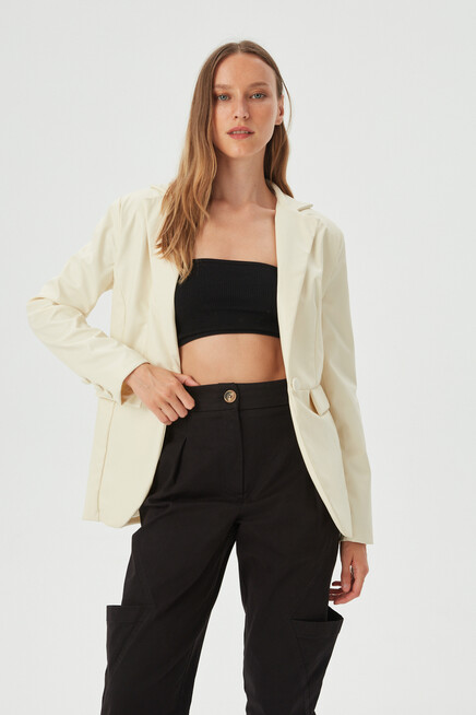 Kadın Ekru Deri Slim Blazer Ceket