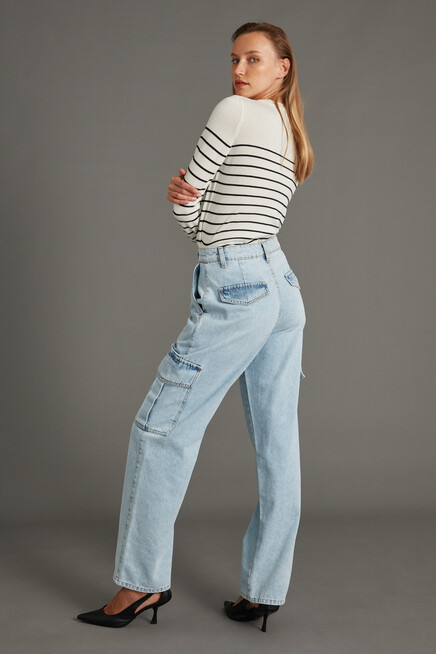 Womens Ecru Sleeve Accessory Detail Striped Crew Neck Knitwear Sweater