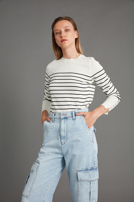 Womens Ecru Sleeve Accessory Detail Striped Crew Neck Knitwear Sweater