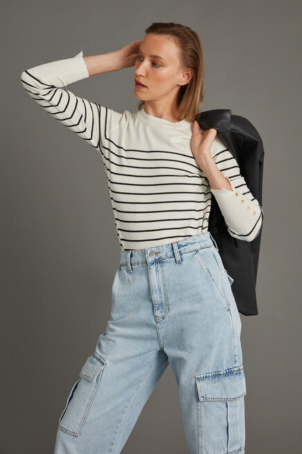 Womens Ecru Sleeve Accessory Detail Striped Crew Neck Knitwear Sweater