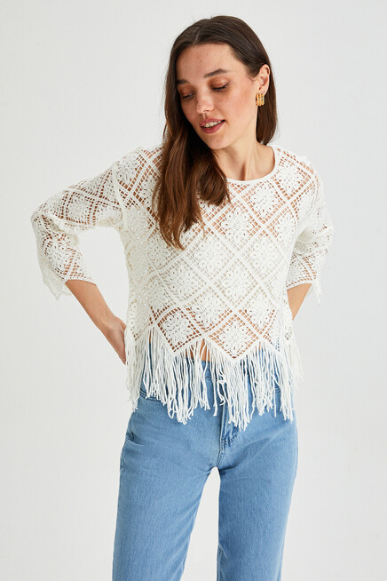 Womens Skirt Tassel Detailed Crochet Blouse