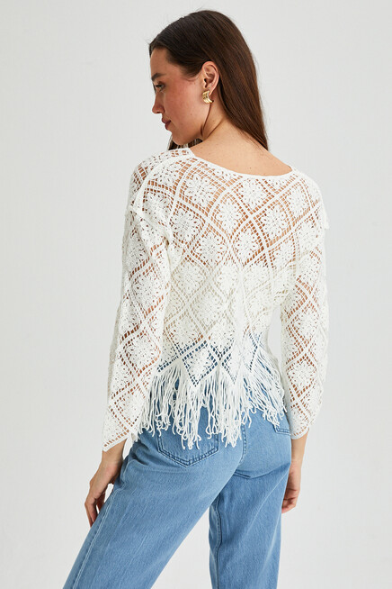 Womens Skirt Tassel Detailed Crochet Blouse