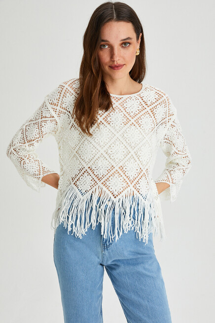 Womens Skirt Tassel Detailed Crochet Blouse