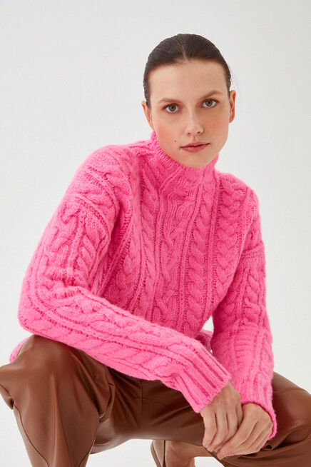 Womens Fuchsia Turtleneck Textured Loose Knitwear Sweater