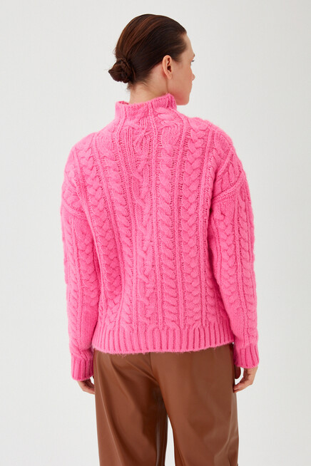 Womens Fuchsia Turtleneck Textured Loose Knitwear Sweater