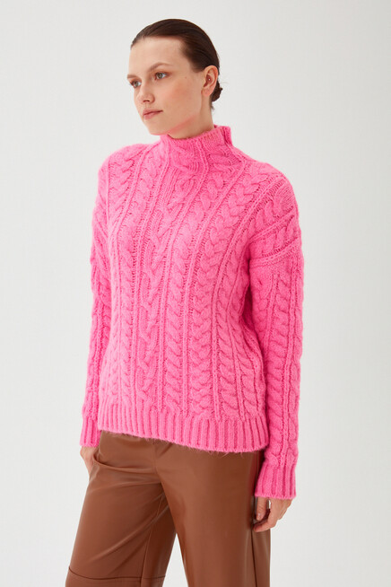 Womens Fuchsia Turtleneck Textured Loose Knitwear Sweater