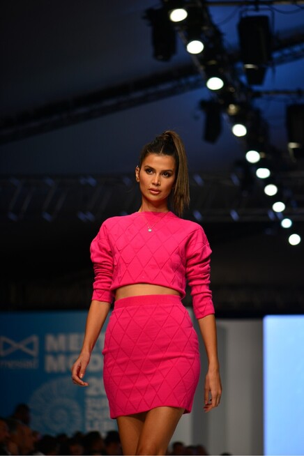 Kadın Fuşya Bisiklet Yaka Desenli Crop İkili Takım