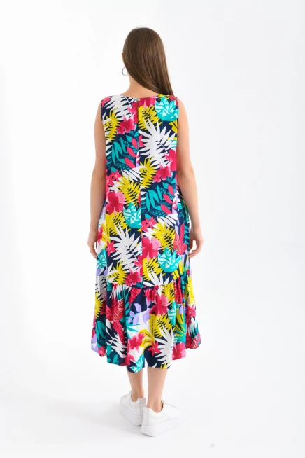 Eteği Fırfırlı Desenli Kolsuz Elbise