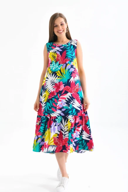 Eteği Fırfırlı Desenli Kolsuz Elbise