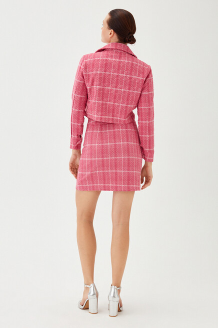 Womens Fuchsia Plaid Pattern Textured Fabric Button Detailed Short Blazer Jacket Skirt Set