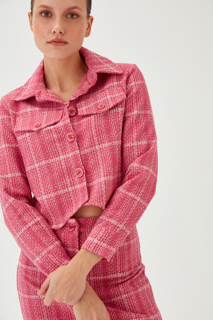 Womens Fuchsia Plaid Pattern Textured Fabric Button Detailed Short Blazer Jacket Skirt Set