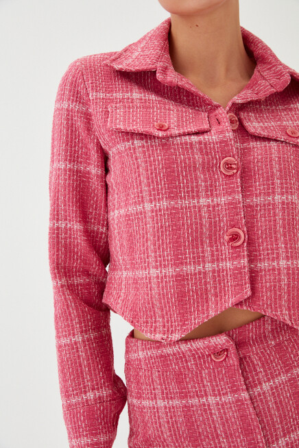 Womens Fuchsia Plaid Pattern Textured Fabric Button Detailed Short Blazer Jacket Skirt Set