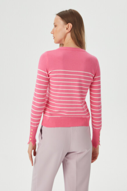 Womens Fuchsia Sleeve Accessory Detail Striped Crew Neck Knitwear Sweater