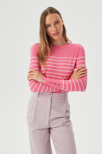 Womens Fuchsia Sleeve Accessory Detail Striped Crew Neck Knitwear Sweater