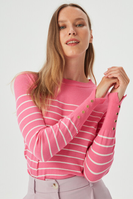 Womens Fuchsia Sleeve Accessory Detail Striped Crew Neck Knitwear Sweater