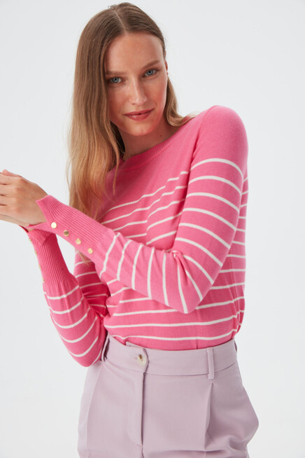 Womens Fuchsia Sleeve Accessory Detail Striped Crew Neck Knitwear Sweater