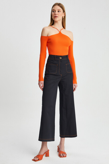 Womens Garni Stitched Pocket Detail Spanish Leg Gabardine Trousers