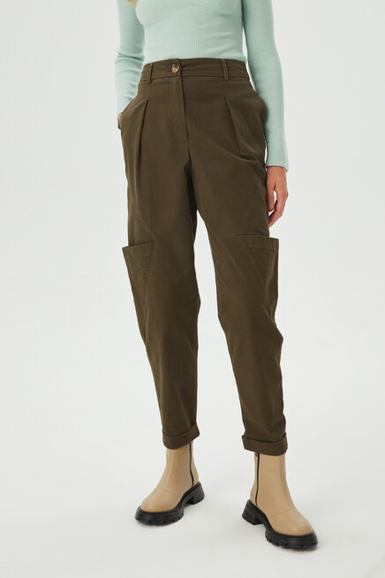 Womens Khaki Pleated Side Bag Pocket Detailed Gabardine Trousers