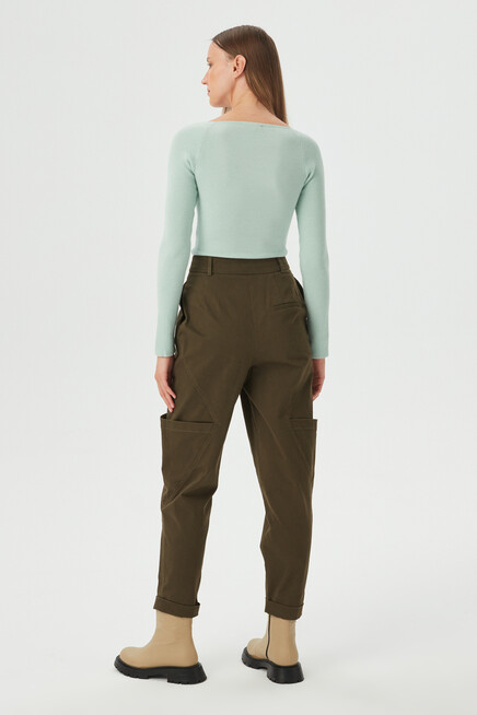 Womens Khaki Pleated Side Bag Pocket Detailed Gabardine Trousers