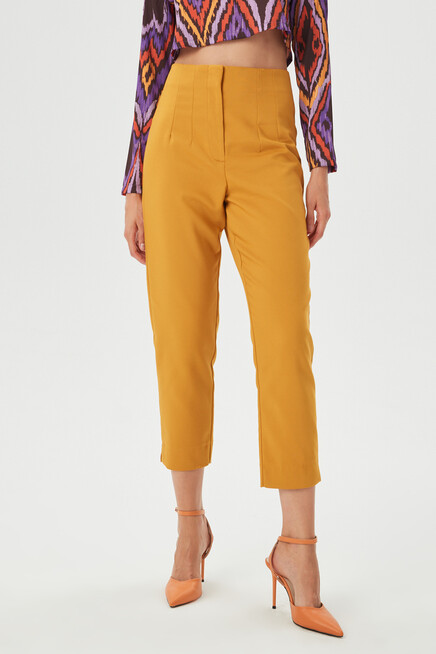 Kadın Hardal Bel Pensli Klasik Kumaş Pantolon