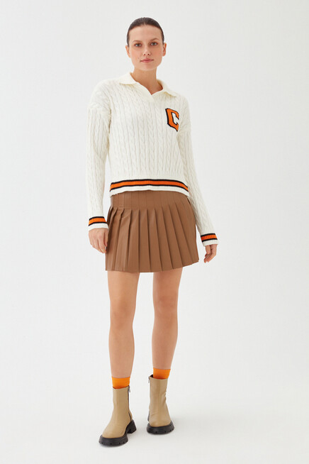 Womens Bone Polo Collar Knitted Detail Rigging Patterned Knitwear Sweater