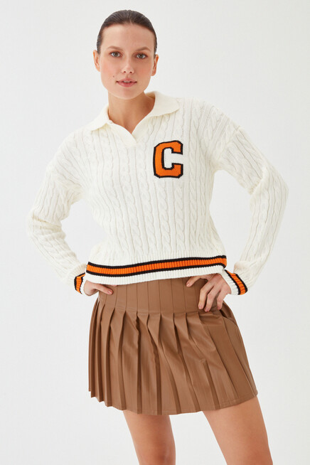 Womens Bone Polo Collar Knitted Detail Rigging Patterned Knitwear Sweater