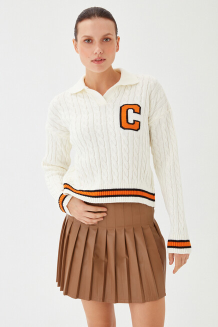 Womens Bone Polo Collar Knitted Detail Rigging Patterned Knitwear Sweater