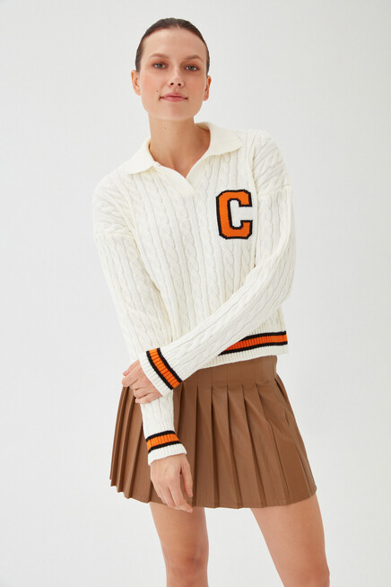 Womens Bone Polo Collar Knitted Detail Rigging Patterned Knitwear Sweater