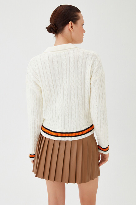 Womens Bone Polo Collar Knitted Detail Rigging Patterned Knitwear Sweater