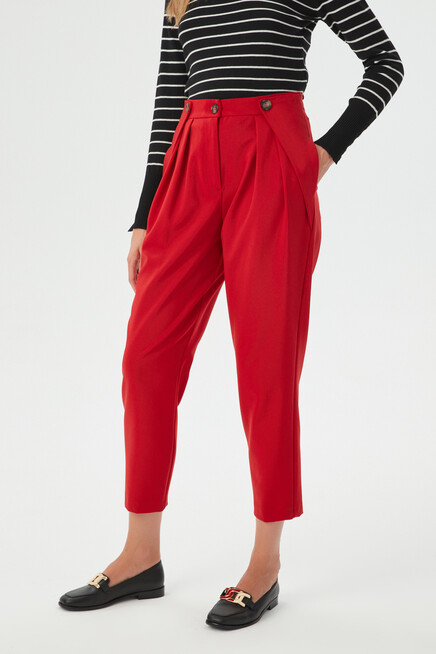 Womens Red Waist Button Detailed Pleated Fabric Trousers