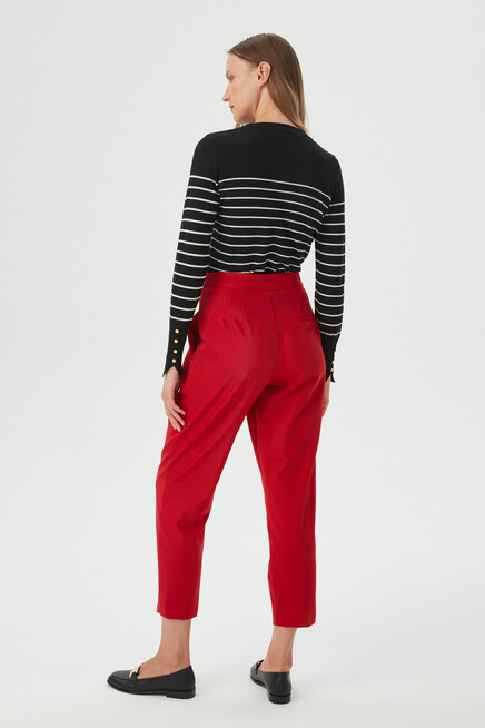 Womens Red Waist Button Detailed Pleated Fabric Trousers